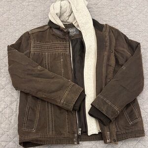 BKE Men's Dark Brown Bomber Jacket with Gray Hoodie